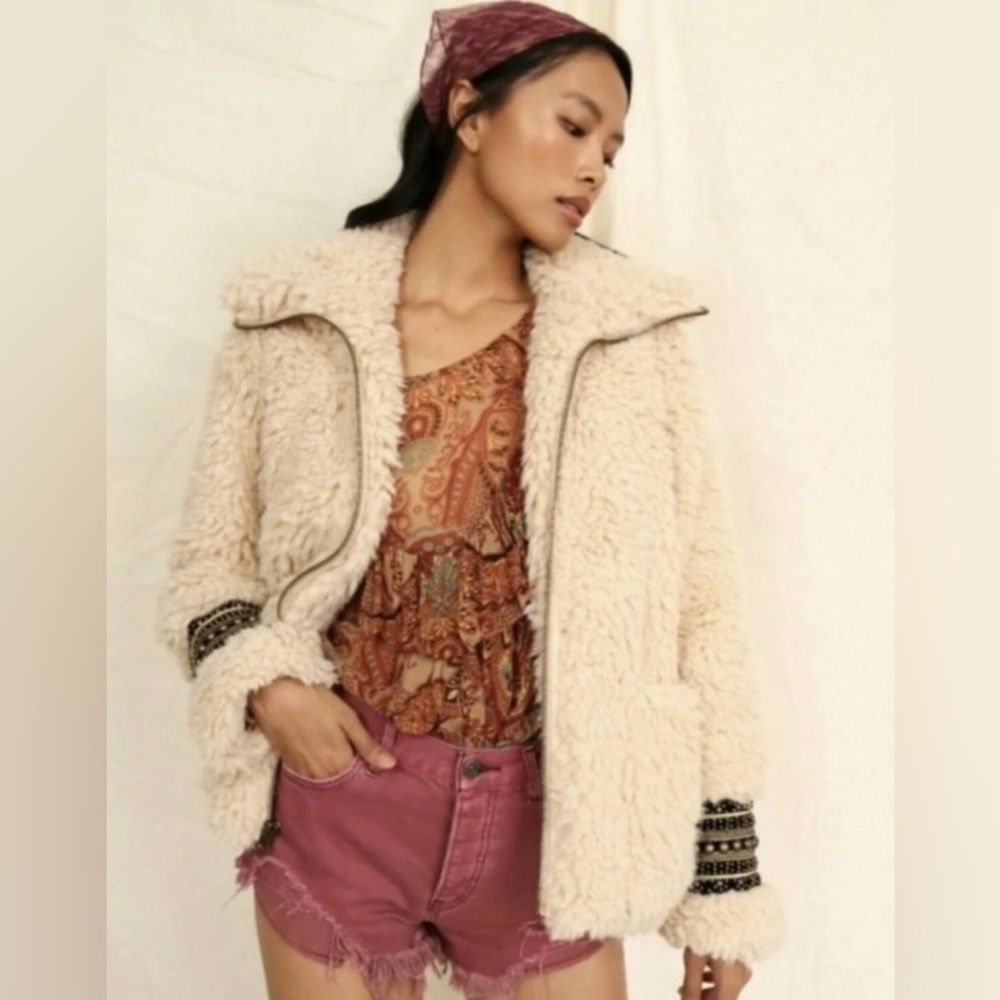 Free People! Angelina Embellished Sherpa Jacket Coat - Picture 4 of 16